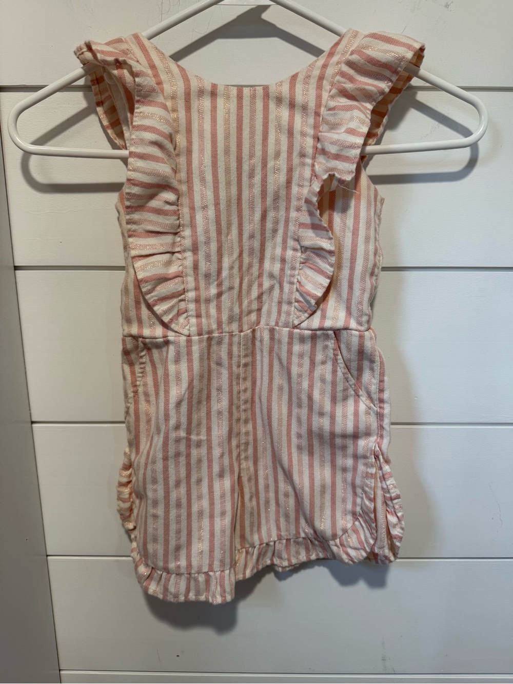 Girls Pink & White Striped Ruffle Romper